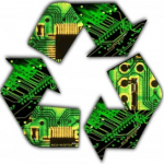 A computer circuit board recycling symbol.