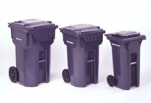 Three trash cans are lined up on a white surface.